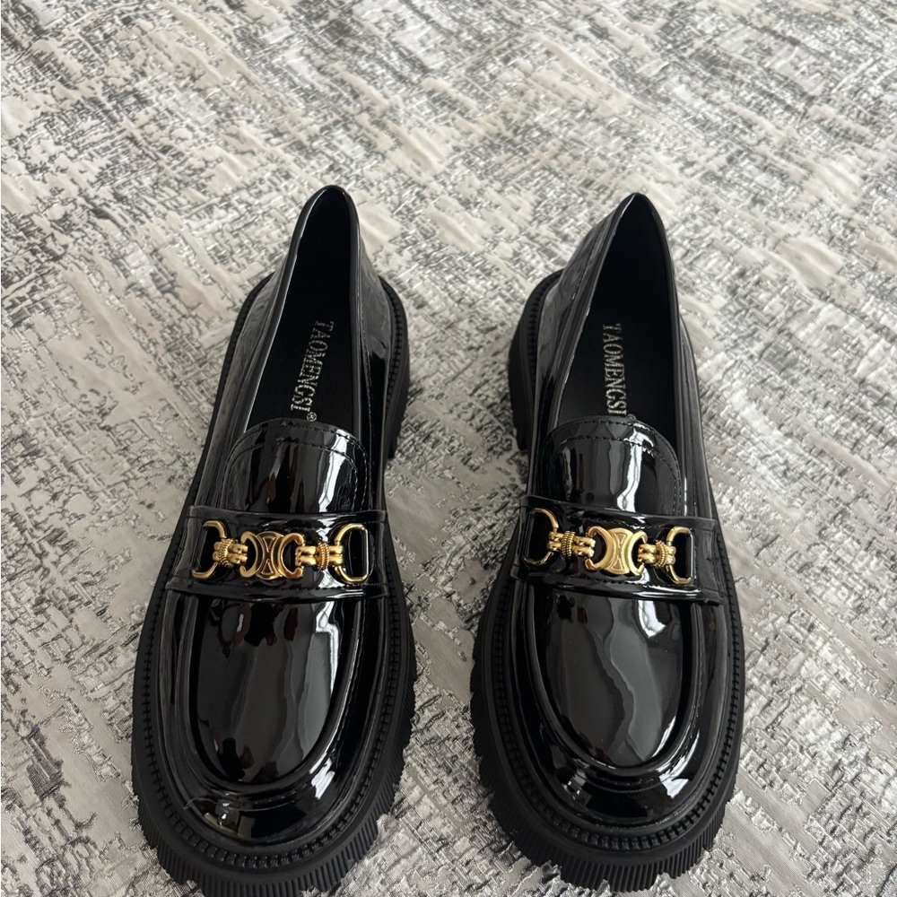 Black Patent Leather Loafers with Gold Detail